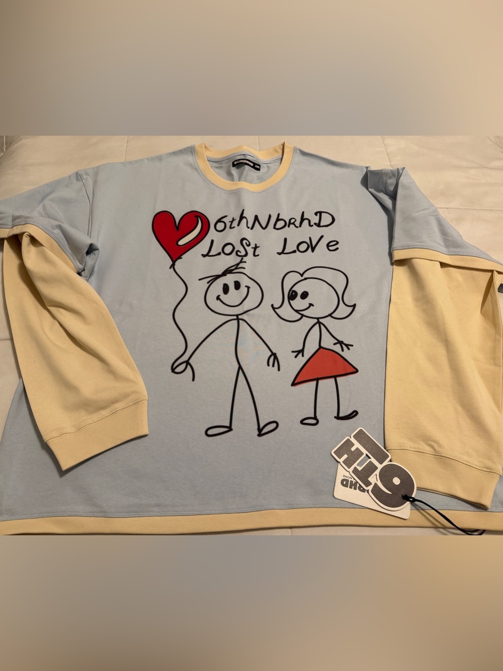 Brand New! Men’s 6thNBRHD Light Blue & Cream 'Lost Love' Graphic L/S tee- XXL
